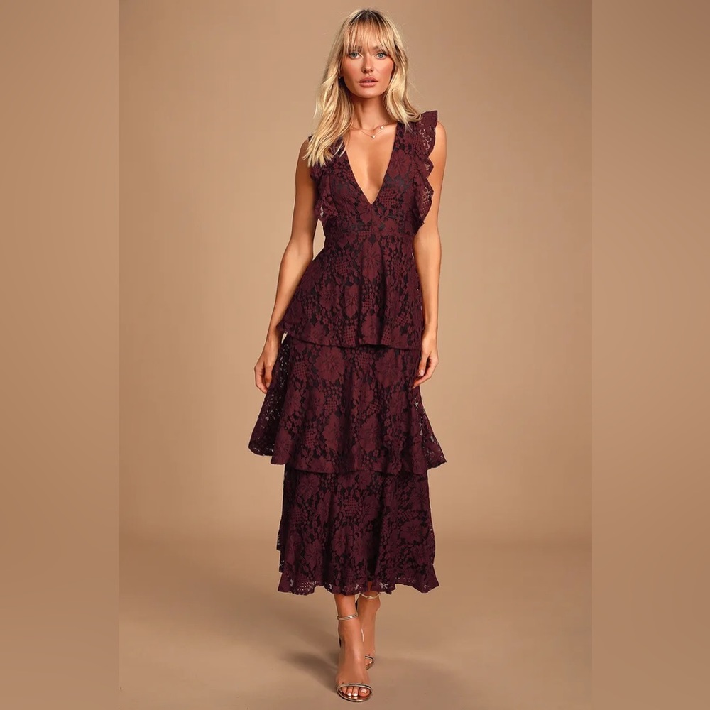 Lulu’s Molinetto Burgundy Lace Ruffled Tiered Maxi Dress